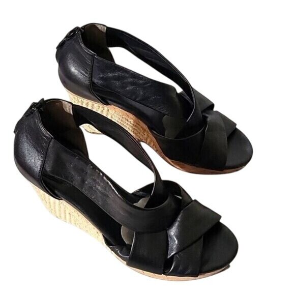 NIKE AIR Woven Wedge‎ Heel Sandals Black Strappy Open Toe Womens Size 8 - Picture 1 of 8